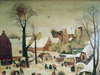 De volkstelling in Bethlehem, detail van de huizen en vestingwerken